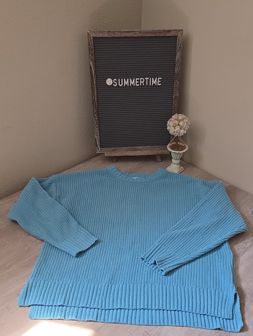 Light Blue Ribbed Knit Sweater